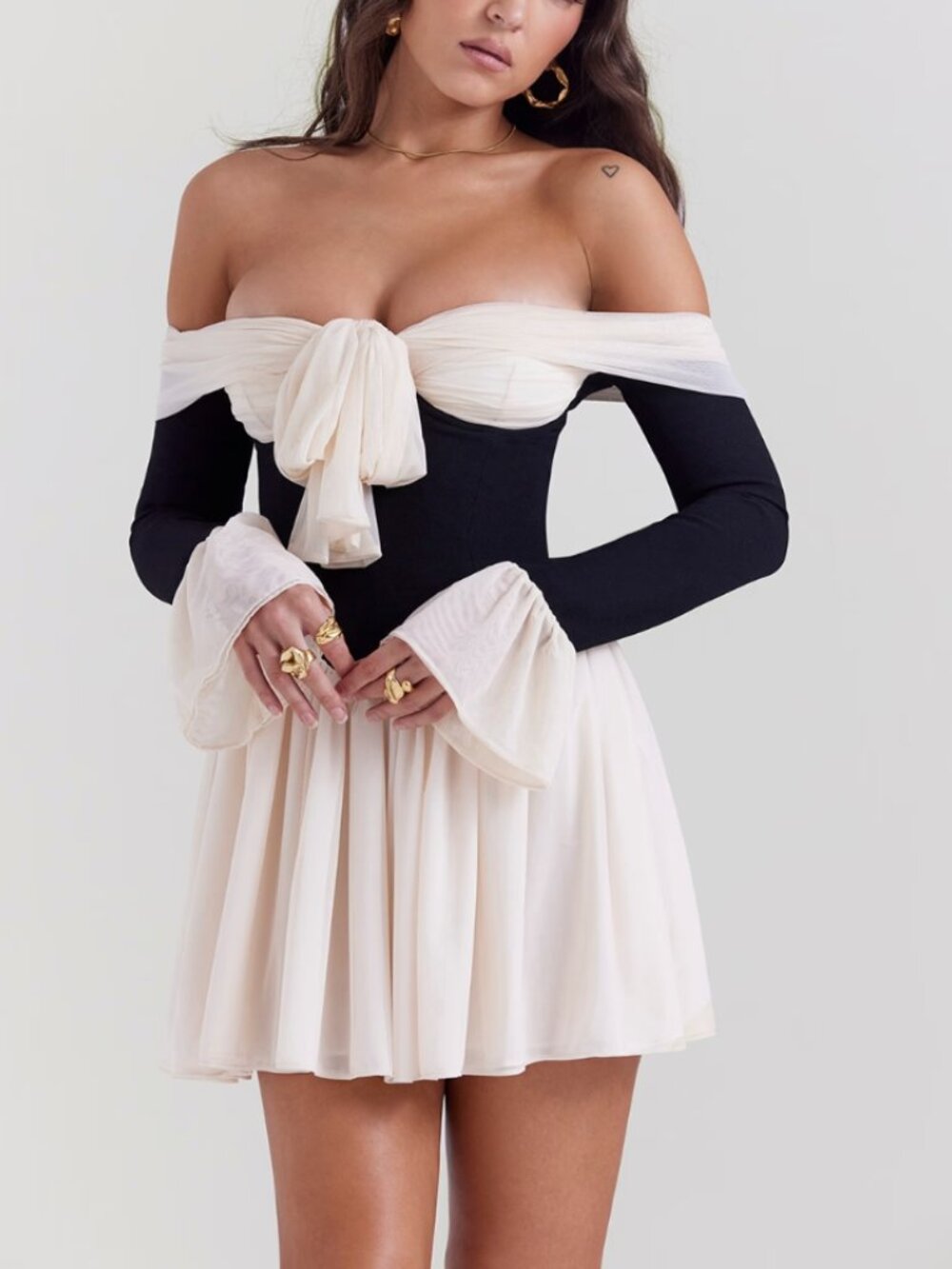House Of CB Alana Off Shoulder Mini Dress In Cream/Black - Women's M-Tall (NWT)